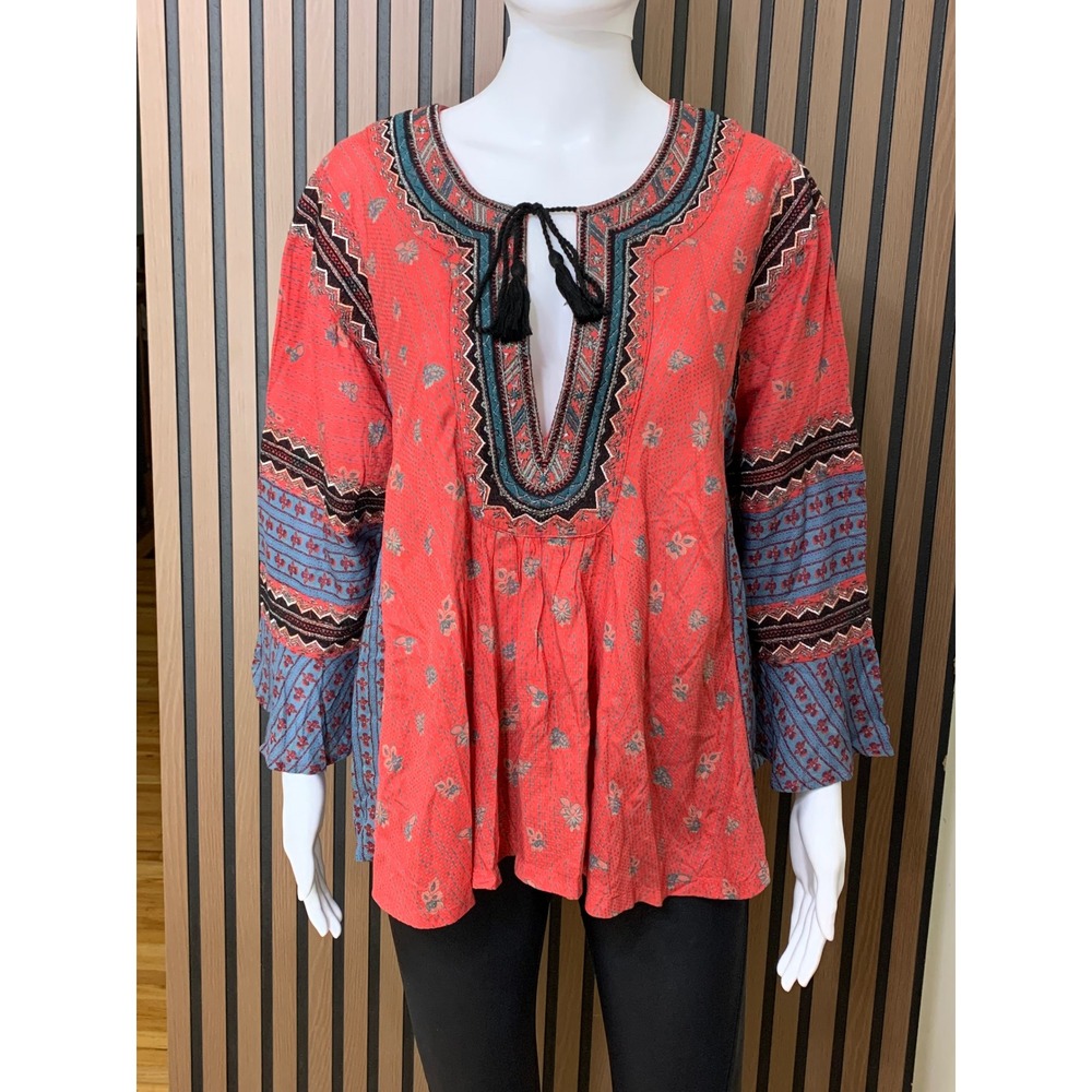 Free People Women's Boho Mixed Print Tassel Tie Peasant Blouse Coral Red Blue L
